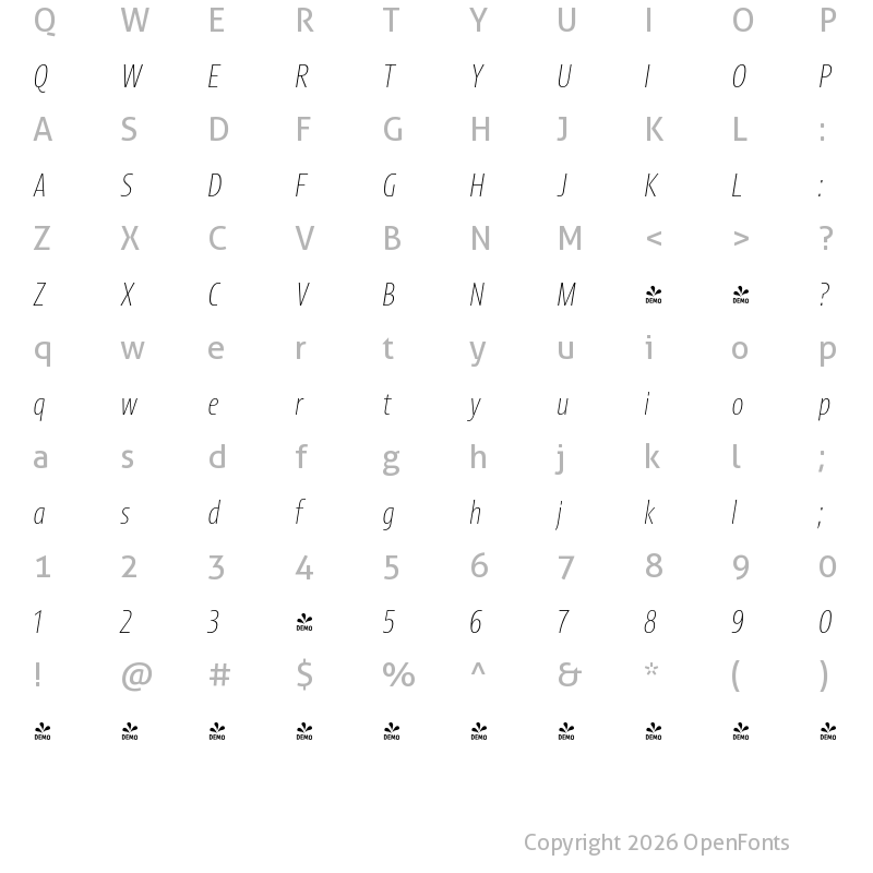 Character Map of FONTSPRING DEMO - Picador Sans Thin Italic