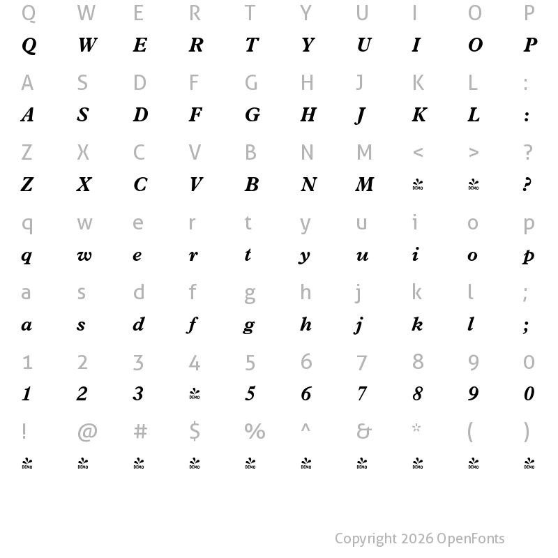 Character Map of FONTSPRING DEMO - Pierpont Bold Italic