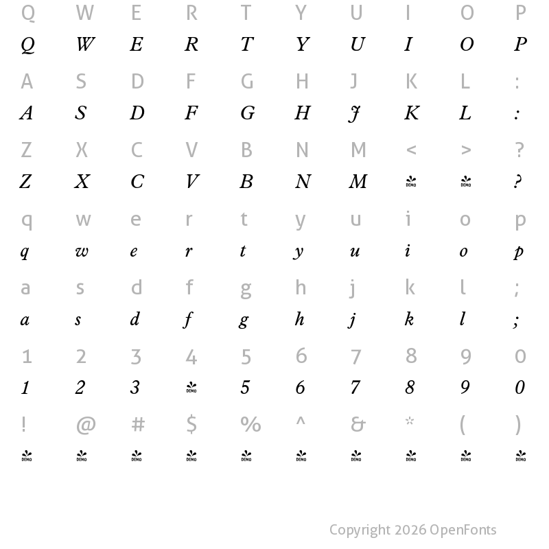 Character Map of FONTSPRING DEMO - Pierpont Italic