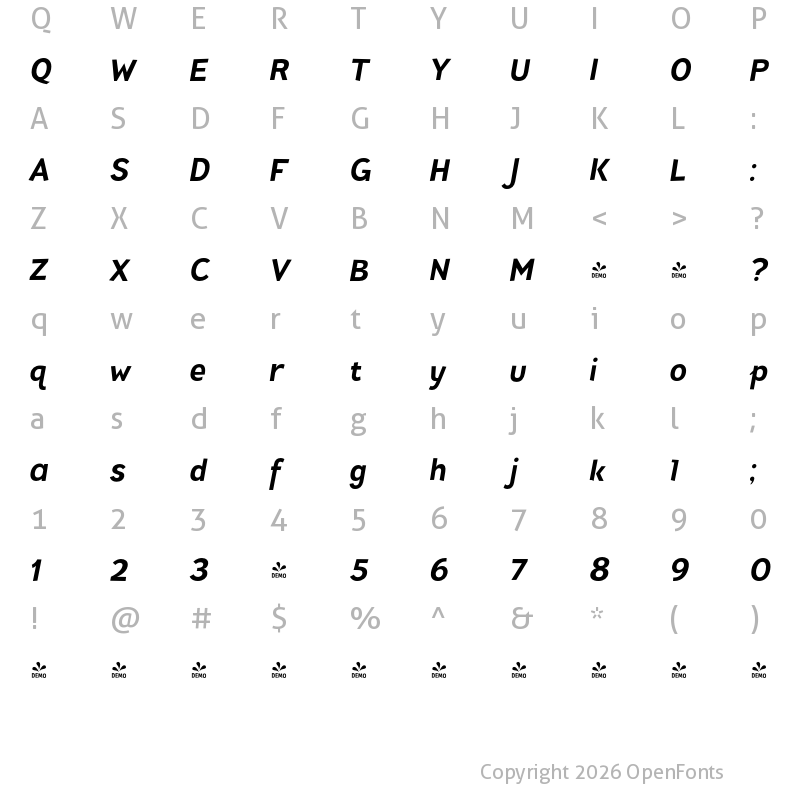 Character Map of FONTSPRING DEMO - Pines Bold Italic