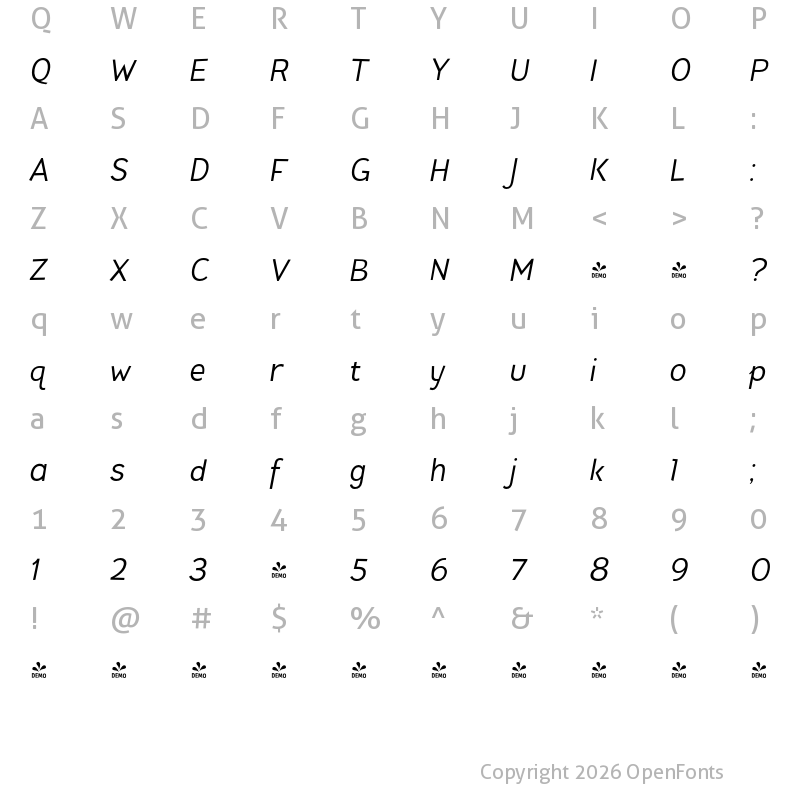 Character Map of FONTSPRING DEMO - Pines Italic