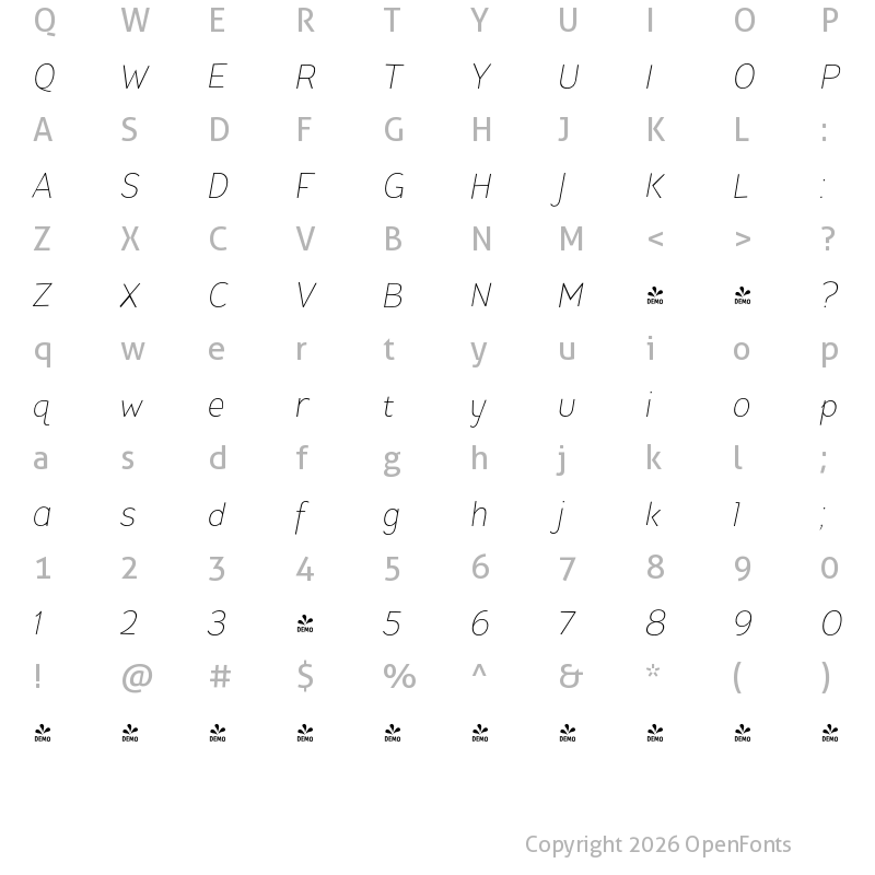 Character Map of FONTSPRING DEMO - Pines Thin Bold Italic