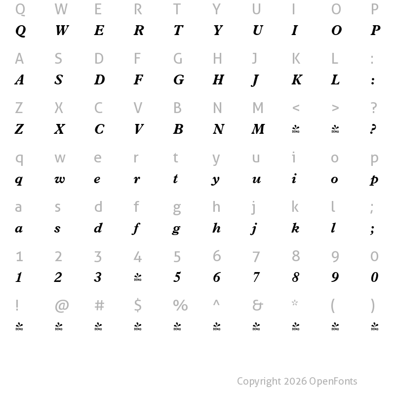 Character Map of FONTSPRING DEMO - Placid Pro Medium Italic