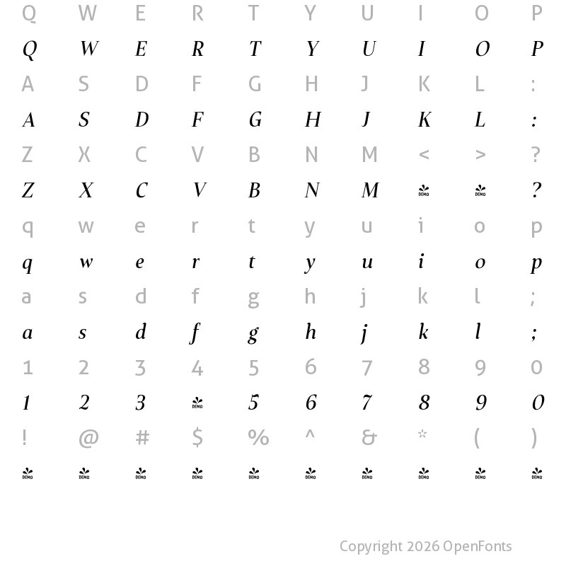 Character Map of FONTSPRING DEMO - Plaisir Medium Italic Regular