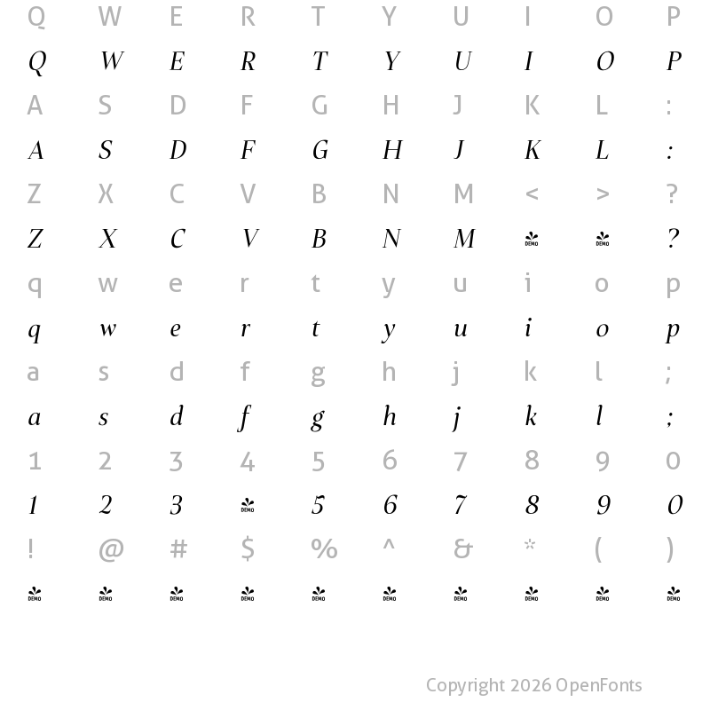 Character Map of FONTSPRING DEMO - Plaisir Regular Italic Regular