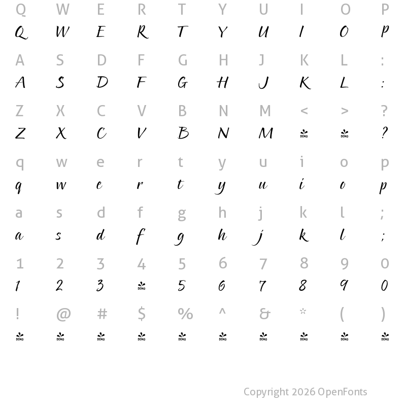 Character Map of FONTSPRING DEMO - Pointed Brush Regular
