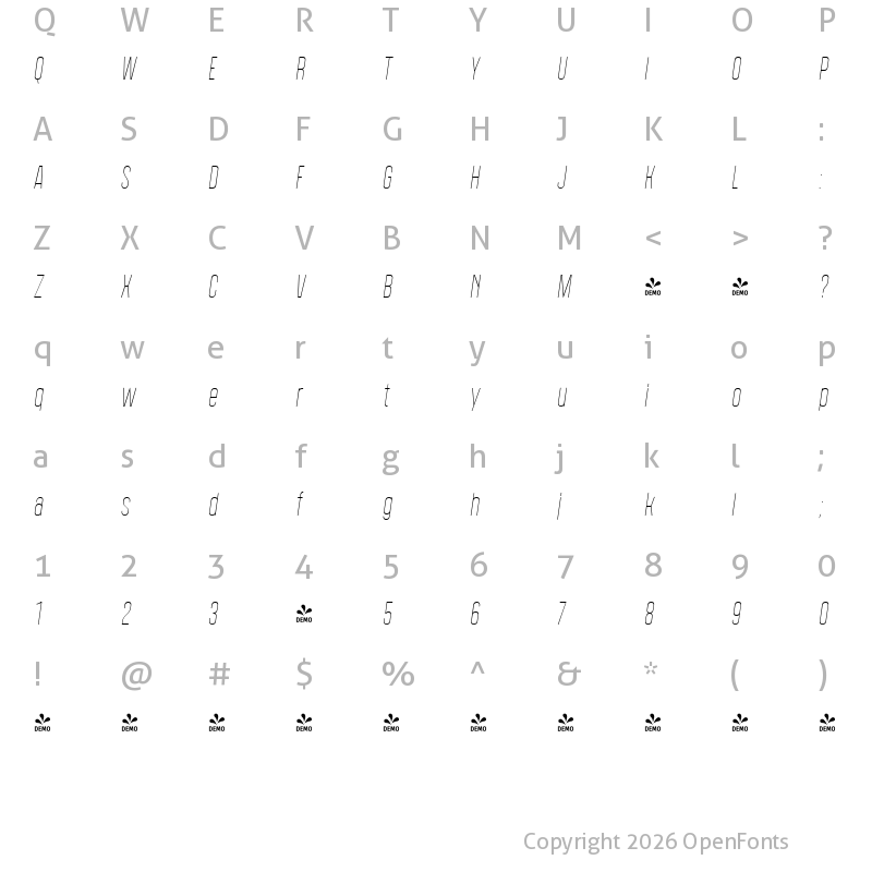 Character Map of FONTSPRING DEMO - Polate A1 Thin Italic