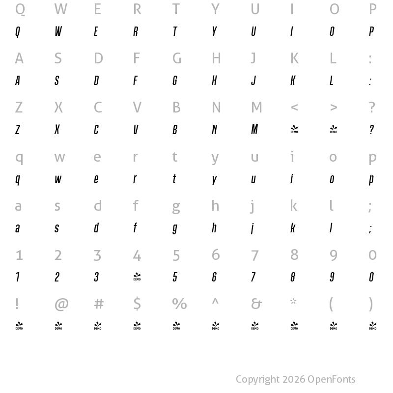 Character Map of FONTSPRING DEMO - Polate B2 Regular Italic
