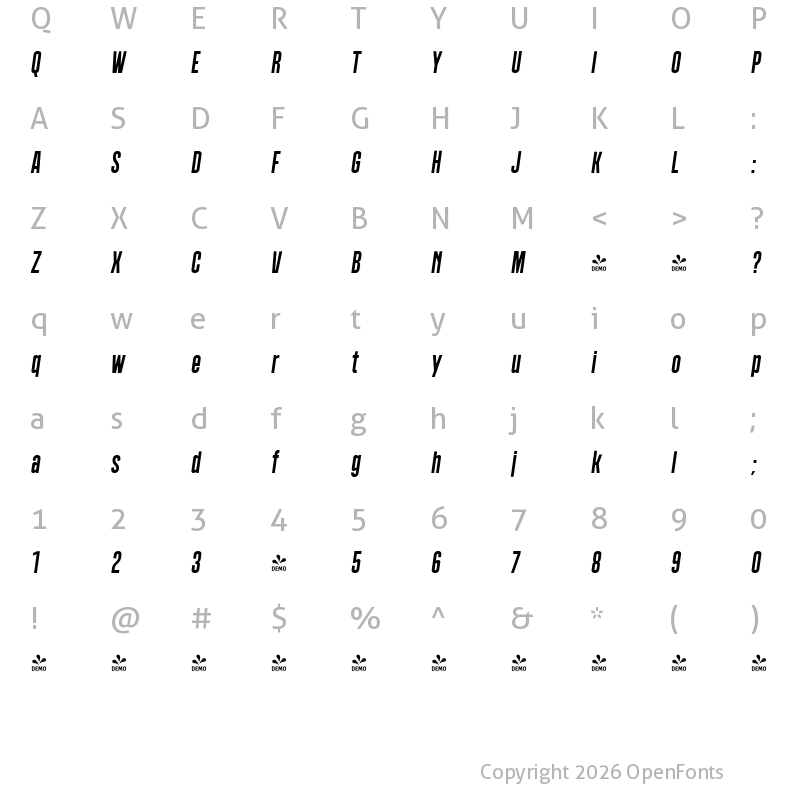 Character Map of FONTSPRING DEMO - Polate Bold Italic