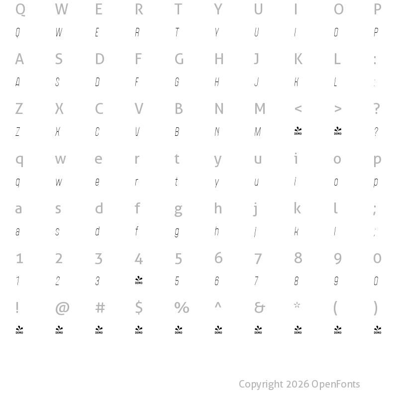 Character Map of FONTSPRING DEMO - Polate D4 Thin Italic