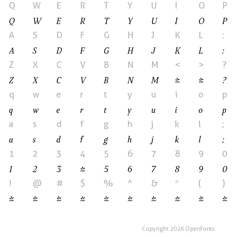 Character Map of FONTSPRING DEMO - Poly Italic