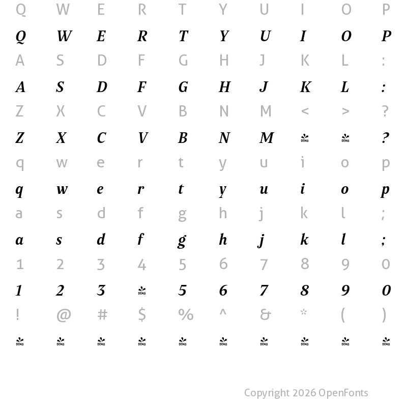 Character Map of FONTSPRING DEMO - Poly Semibold Italic