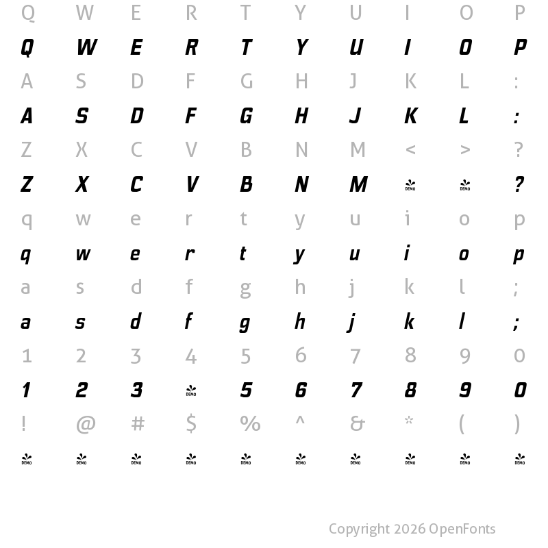 Character Map of FONTSPRING DEMO - Polyflec Rg Bold Italic