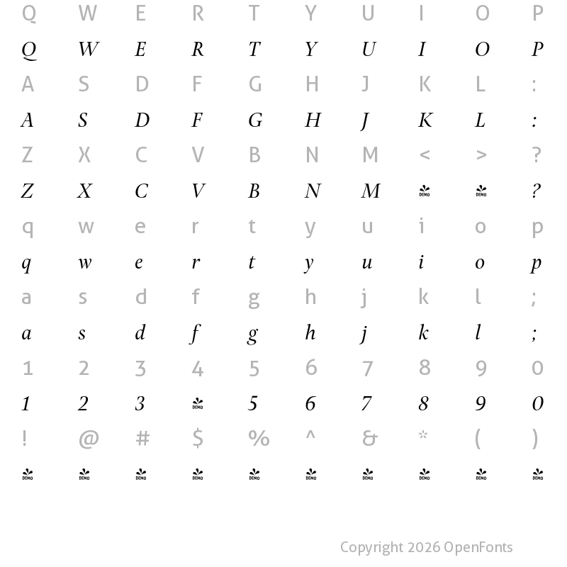 Character Map of FONTSPRING DEMO - Pona Display Regular Italic Regular