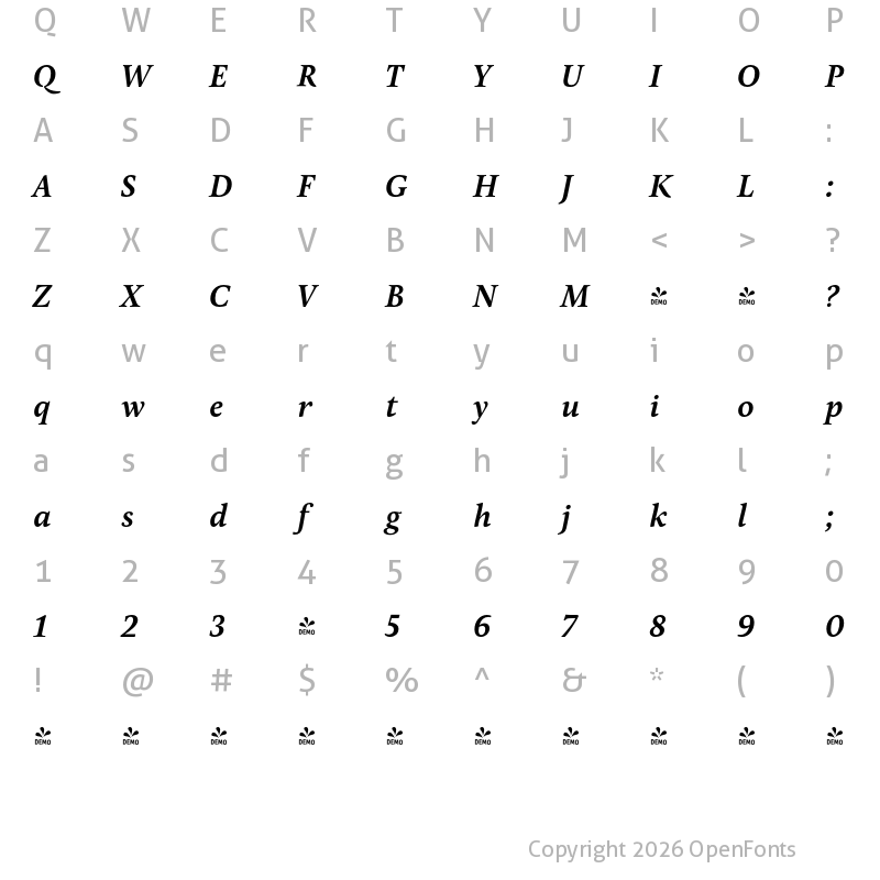 Character Map of FONTSPRING DEMO - Pona SemiBold Italic Regular