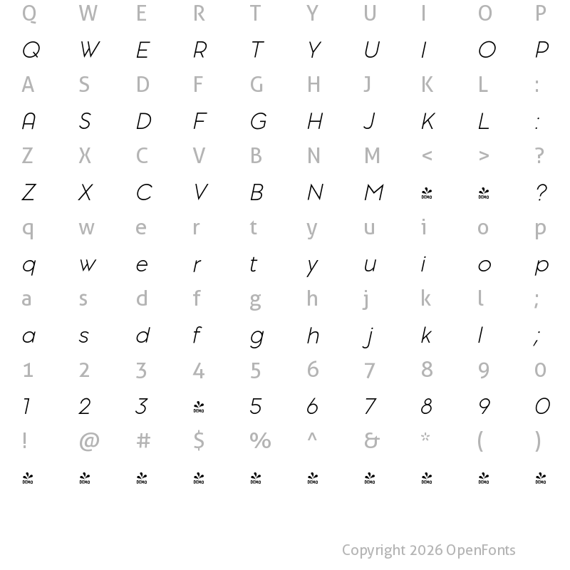 Character Map of FONTSPRING DEMO - Pontiac Light Italic Regular