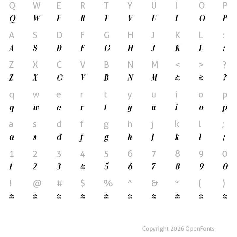 Character Map of FONTSPRING DEMO - Povetarac Didone Black Italic Regular