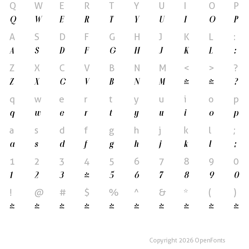 Character Map of FONTSPRING DEMO - Povetarac Didone Heavy Italic Regular