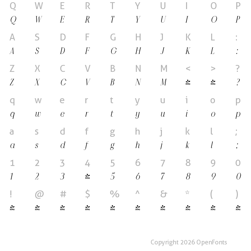 Character Map of FONTSPRING DEMO - Povetarac Didone Medium Italic Regular