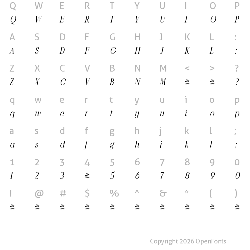 Character Map of FONTSPRING DEMO - Povetarac Didone Semi Bold Italic Regular