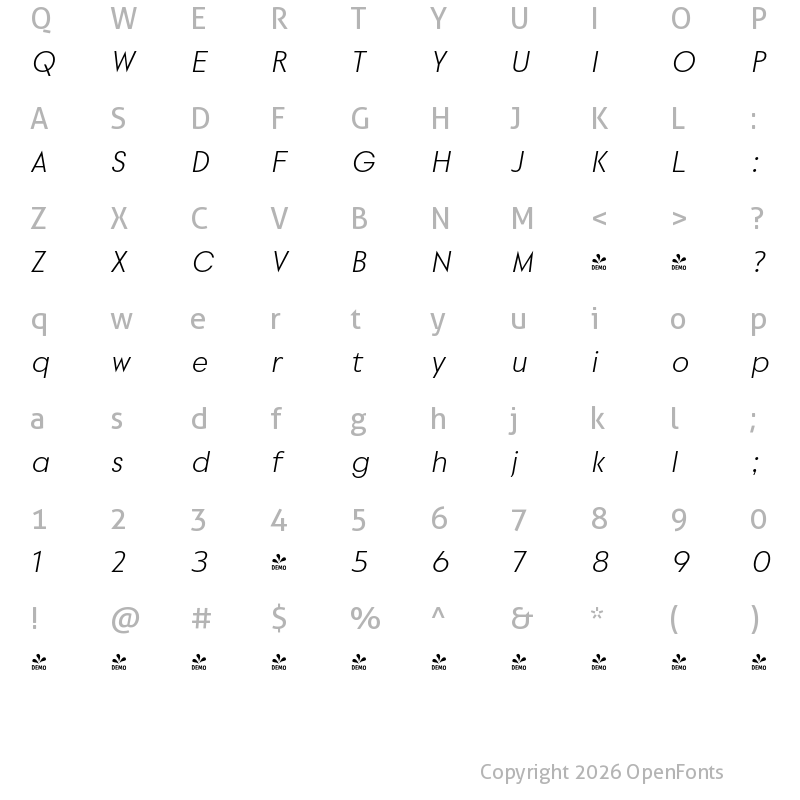 Character Map of FONTSPRING DEMO - Povetarac Sans Medium Italic Regular