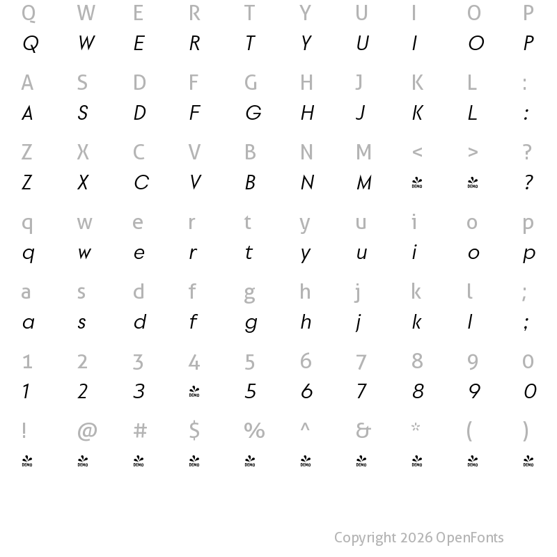 Character Map of FONTSPRING DEMO - Povetarac Sans Semi Bold Italic Regular