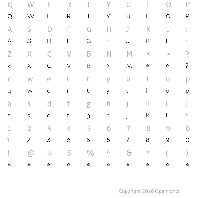Character Map of FONTSPRING DEMO - Pradock Sans Light Regular