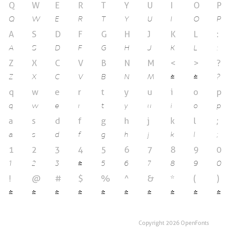 Character Map of FONTSPRING DEMO - Pradock Sans Thin Slant Regular