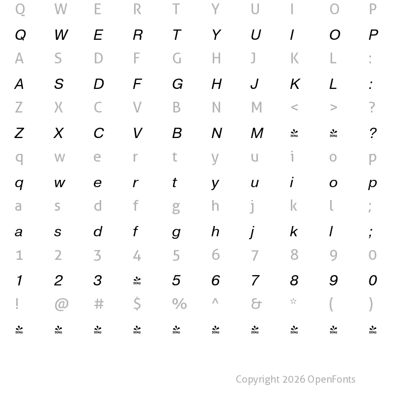 Character Map of FONTSPRING DEMO - Pragmatica Book Italic