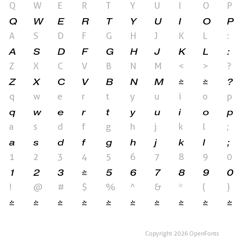 Character Map of FONTSPRING DEMO - Pragmatica Extended Book Italic