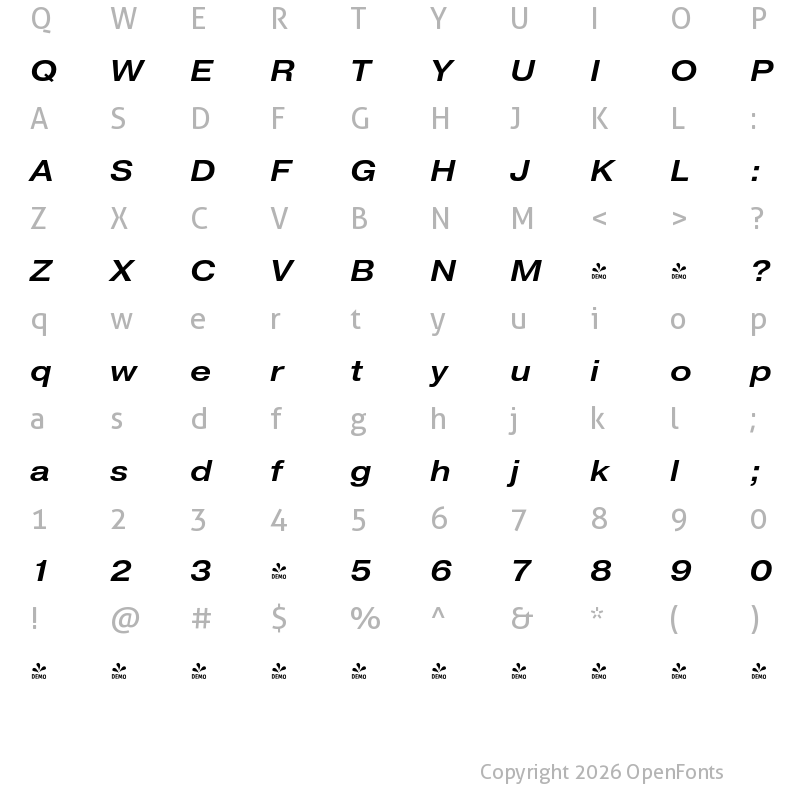 Character Map of FONTSPRING DEMO - Pragmatica Extended Medium Italic