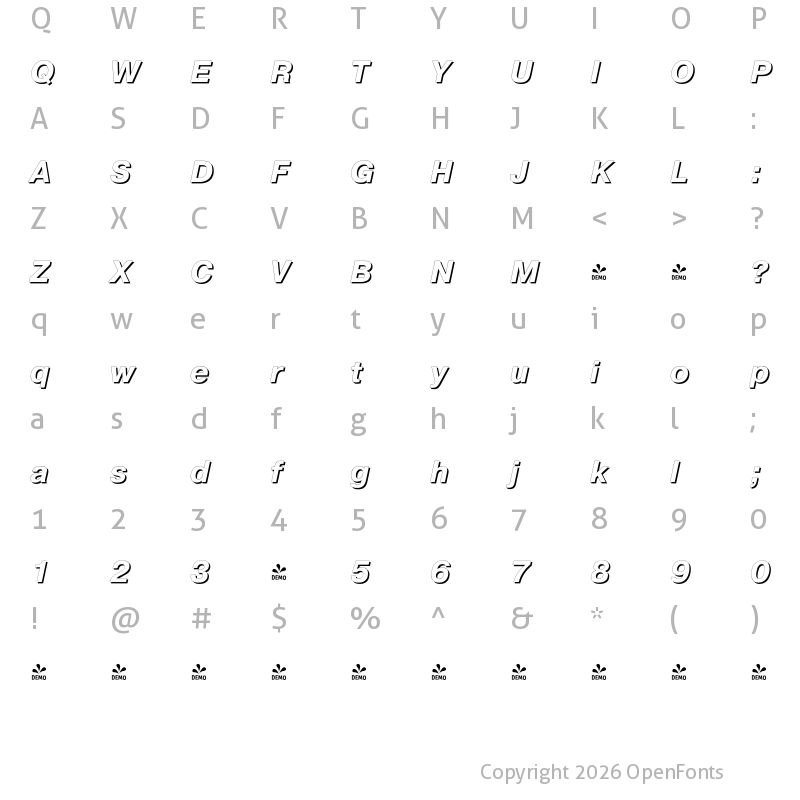 Character Map of FONTSPRING DEMO - PragmaticaShadow Italic Regular