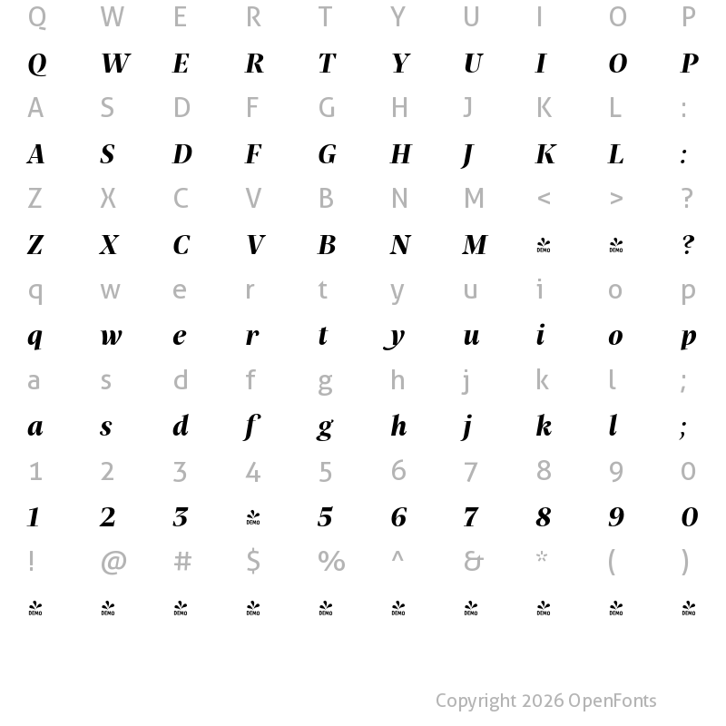 Character Map of FONTSPRING DEMO - Praho Pro Bold Italic Regular