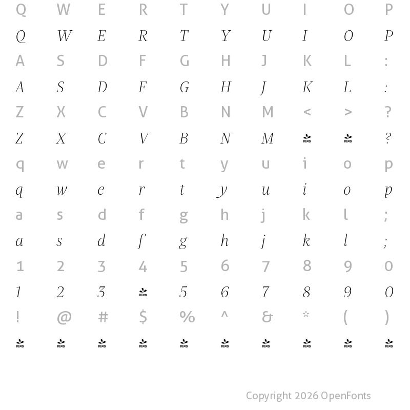 Character Map of FONTSPRING DEMO - Praho Pro ExtraLight Italic Regular