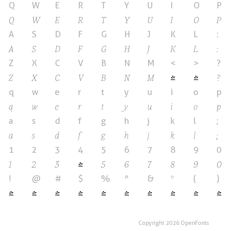 Character Map of FONTSPRING DEMO - Praho Pro Hairline Italic Regular