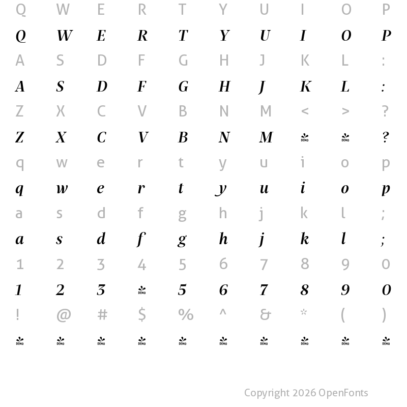 Character Map of FONTSPRING DEMO - Praho Pro Medium Italic Regular