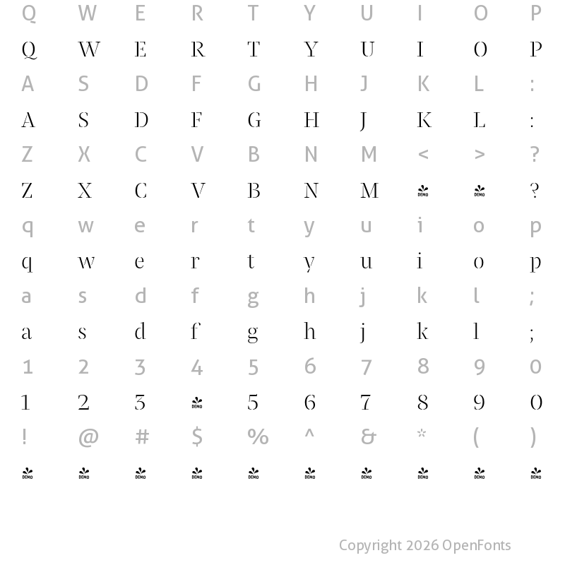 Character Map of FONTSPRING DEMO - Praho Pro Stencil Light Regular