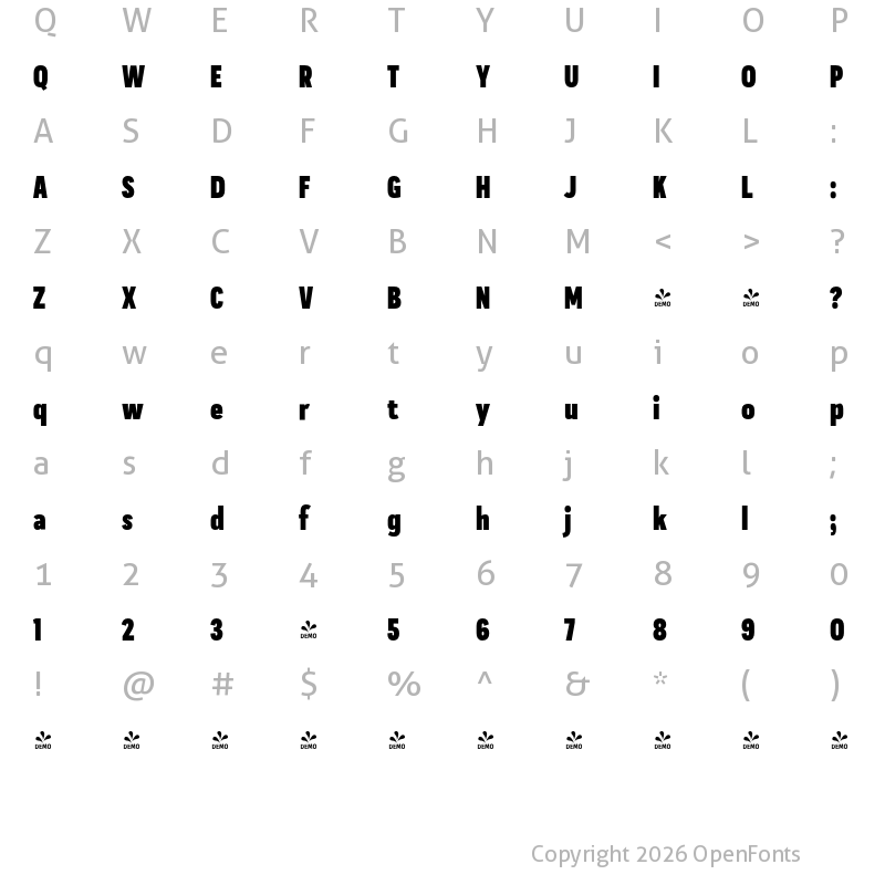 Character Map of FONTSPRING DEMO - Praktika ExtraBold Condensed Regular