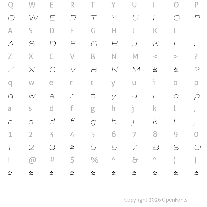 Character Map of FONTSPRING DEMO - Praktika Rnd Light Ext Ita Regular