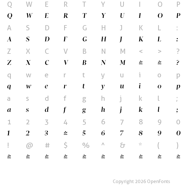 Character Map of FONTSPRING DEMO - Pratt Nova Fine Bold Italic Bold Italic