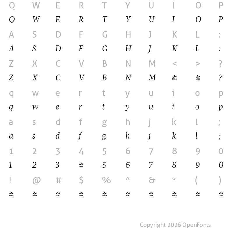 Character Map of FONTSPRING DEMO - Pratt Nova Regular Italic Regular