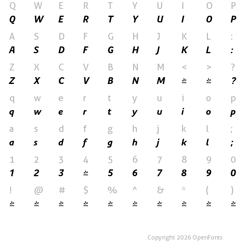 Character Map of FONTSPRING DEMO - Precious Sans Two Italic