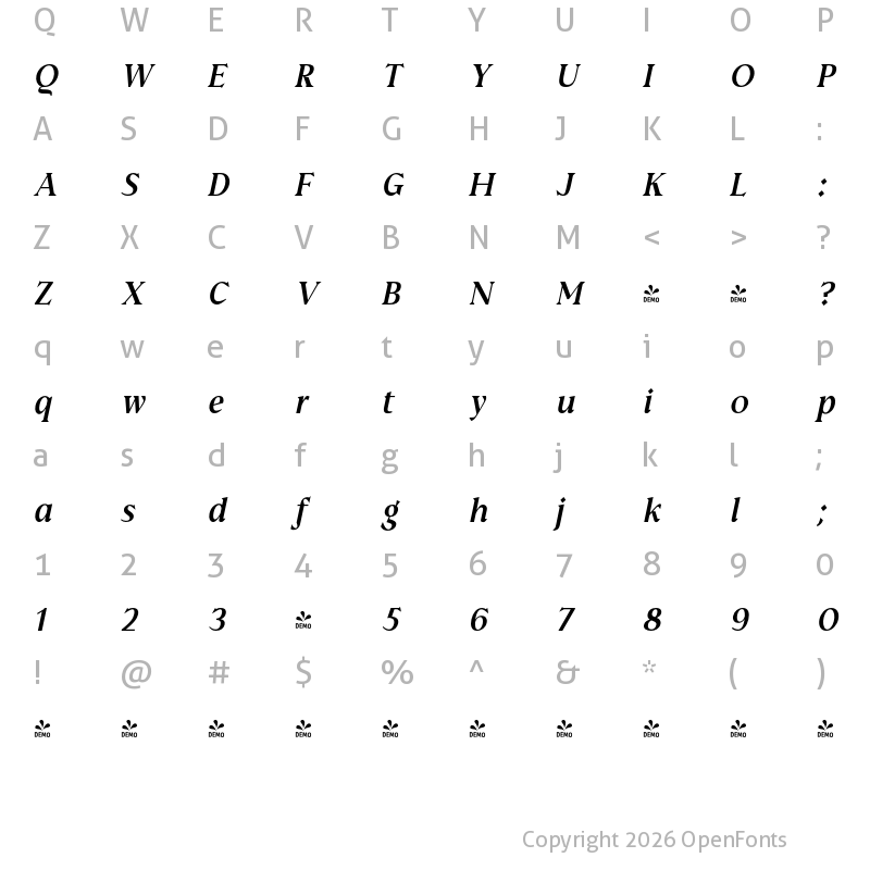 Character Map of FONTSPRING DEMO - Prelom Bold Italic Regular