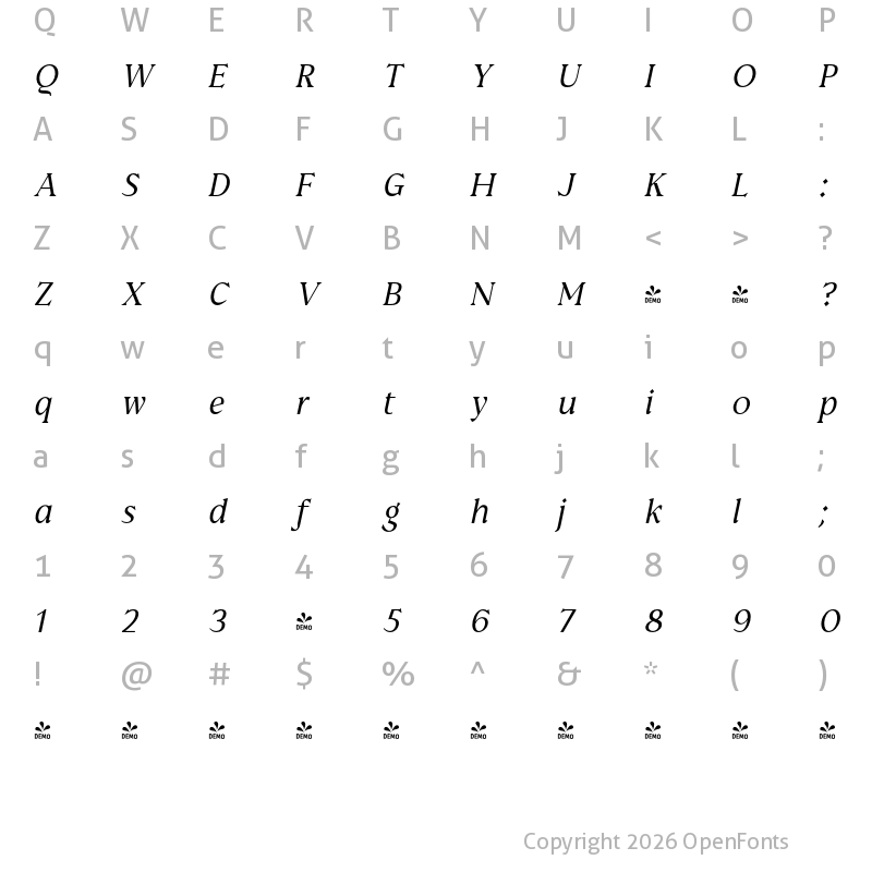 Character Map of FONTSPRING DEMO - Prelom Medium Italic Regular