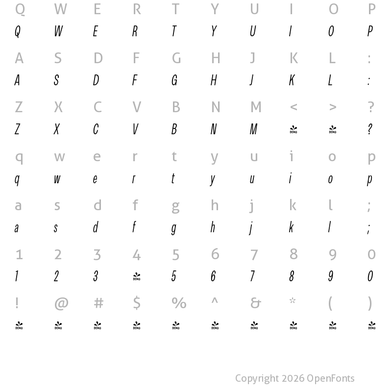 Character Map of FONTSPRING DEMO - Premis Light Condensed Italic Regular