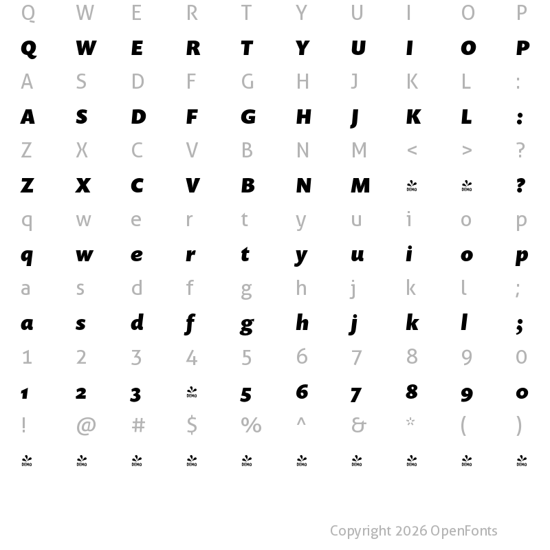 Character Map of FONTSPRING DEMO - Prenton RP Pro Black Italic