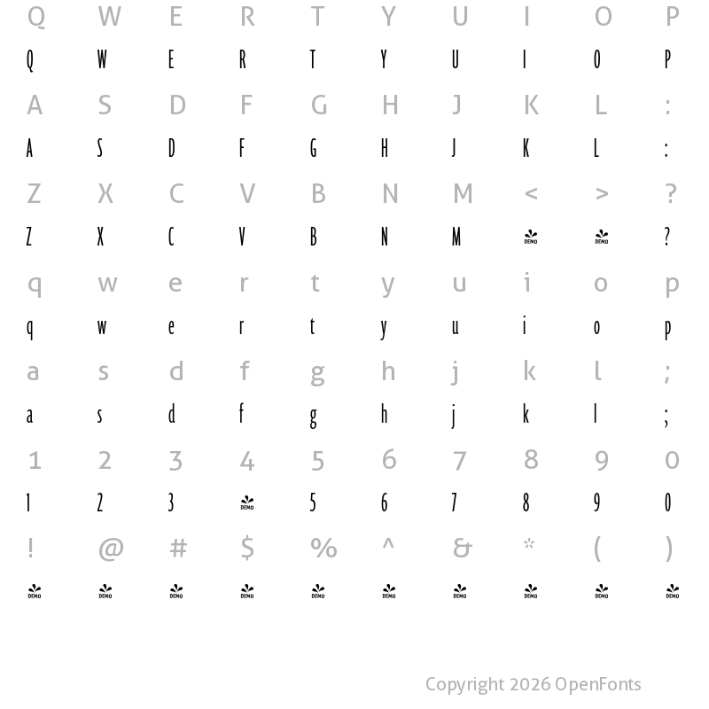 Character Map of FONTSPRING DEMO - Prenton RP Ultra Cond Light Regular