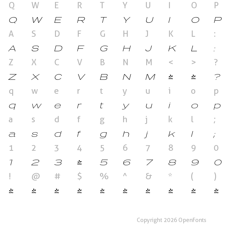 Character Map of FONTSPRING DEMO - Presicav Xl Italic