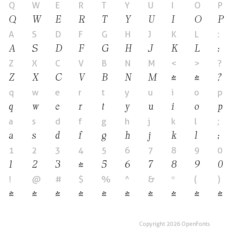 Character Map of FONTSPRING DEMO - Prestigea Italic