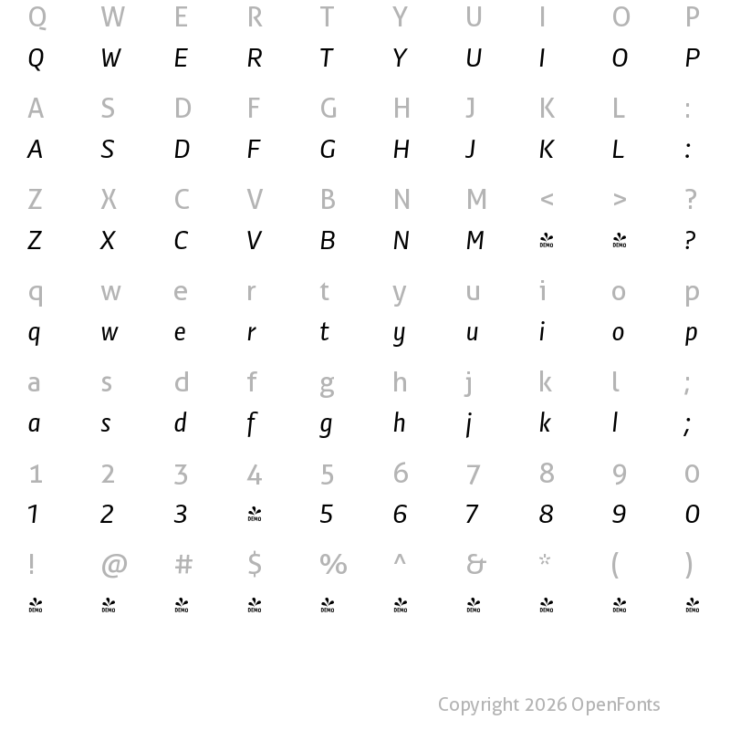 Character Map of FONTSPRING DEMO - Preto Sans Regular Italic